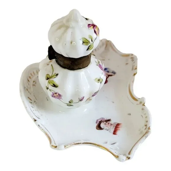Vtg Hand Painted Porcelain Ink Well and Dish 5" Wide 3 1/2" Tall Floral Design - Picture 5 of 10